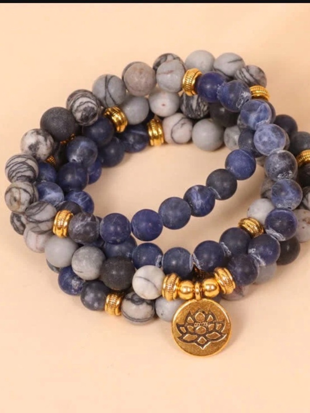 Natural Sodalite and Zebra Jasper Beaded Wrap Bracelet with Lotus Charm Pendant